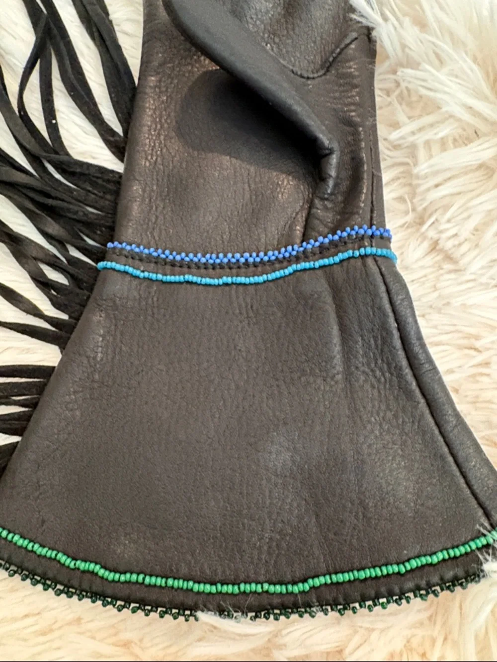 Fringed Black Leather Gloves with hand beaded Detail. Never worn.
